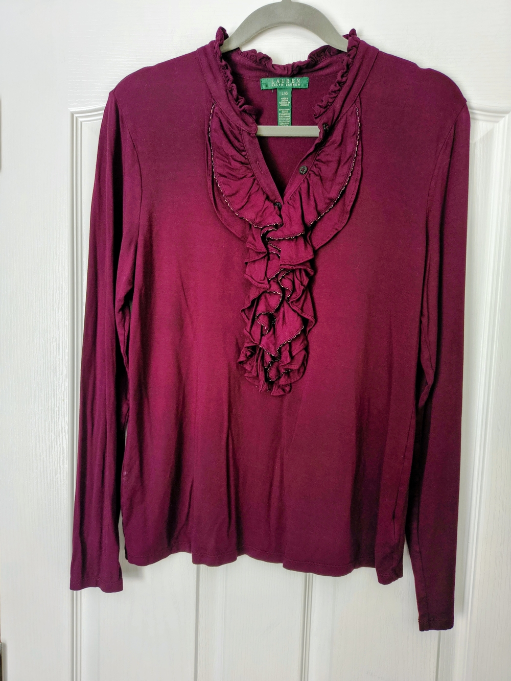 Lauren Ralph Lauren Plum Burgundy Ruffle Front Long Sleeve Henley Top L